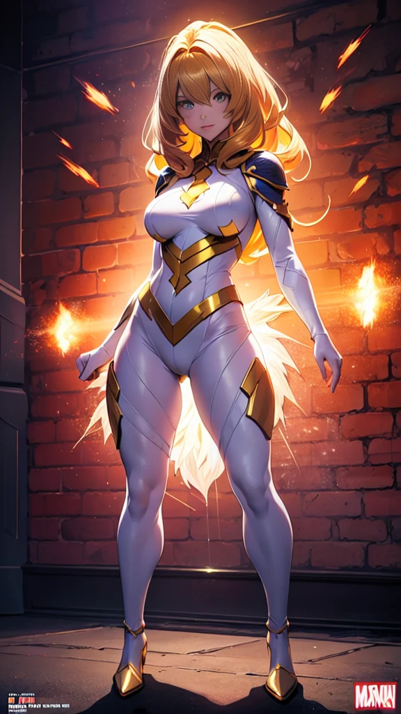 masterpiece,8k,1 girl,american comics heroine:kamen america,ultra large brest,golden shyny hair,very proportion,tyte west,body fitting transparent sparking mini white costume,standing battle formation,wall street,dynamic action pose,full body,magazine cover portrait,
