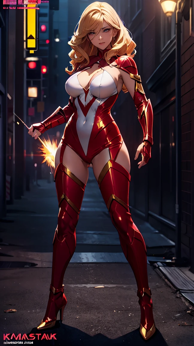 masterpiece,8k,1 girl,american comics heroine:kamen america,ultra large brest,golden shyny hair,very proportion,tyte west,body fitting transparent sparking mini white&red sexy costume,standing battle formation,wall street,dynamic action pose,full body,magazine cover portrait,