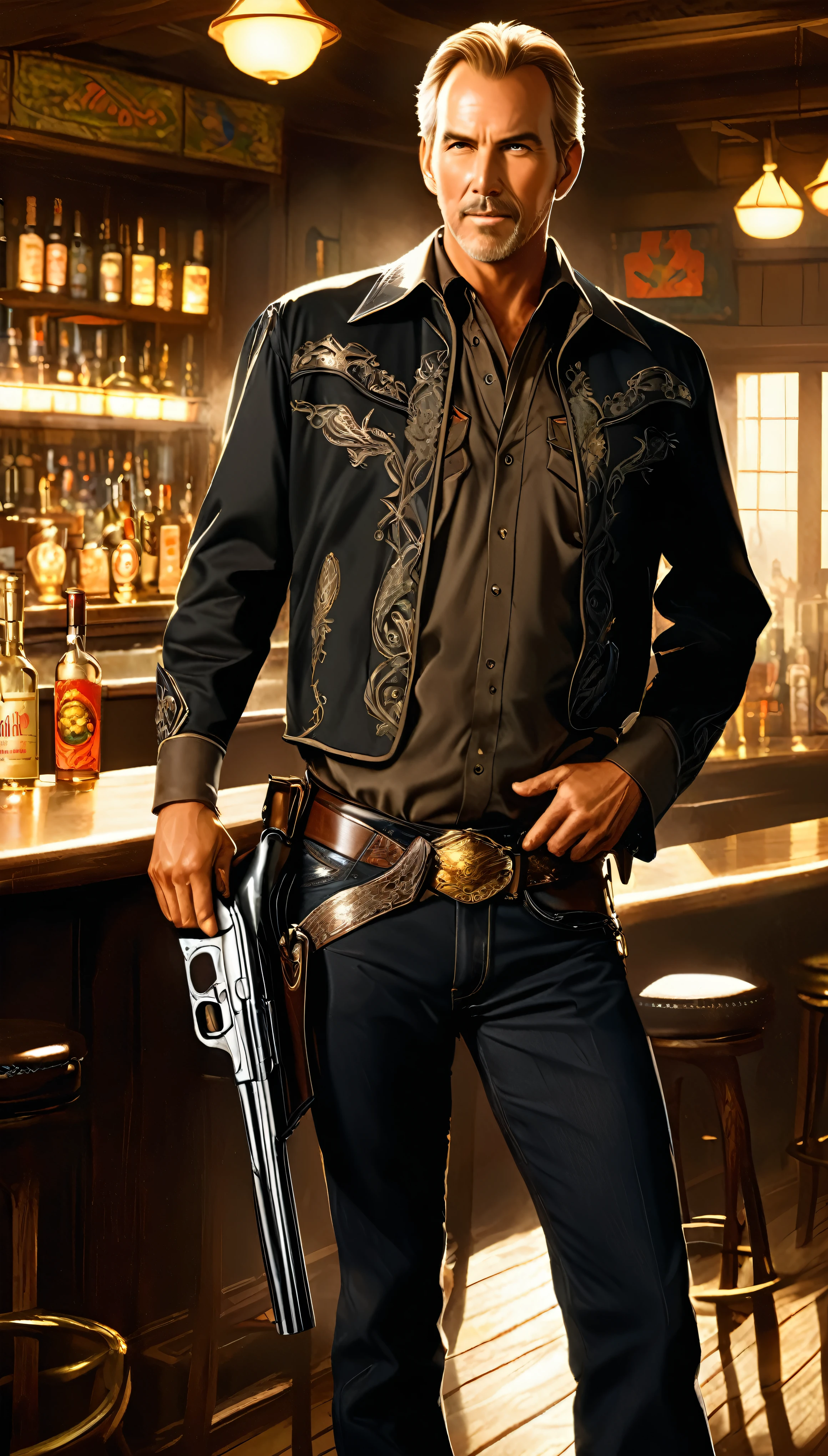 High-definition video(movie：Silverado)In the movie scene、Kevin Costner, the blonde haired man、Bright smile and confidence at the bar々Standing in。Wearing trousers and a cowboy shirt、The intricately detailed fabric shimmers under the warm lighting.。The boots are polished to a mirror finish and feature intricate designs.、A sturdy belt holds the gun holster in place。High-resolution rendering of Western movies、Highlights the high contrast between light and shadow。He had two guns in his hands、Its metallic luster reflects the warm light of the bar.、People around you々It has an intimidating presence that attracts