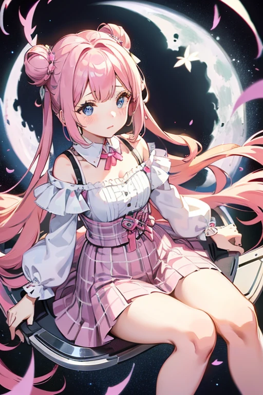 Adult Female, Pretty, Pale, Manga Marvel Illustration Art, Long Pink hair, black ribbons and hair buns, grey blue eyes, White blouse lace with sakura details, pastel pink plaid skirt, slight blush, moon accessory, constellation background, quiet confident expression, hand close to her mouth, white hamster on shoulder, she's on a dreamy swing