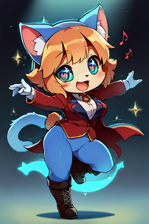 boy, blue tights cat, furry, bodyfur, tail, blazer, bottomless, gloves, boots, chibi, sparkling eyes, idol, dancing, singing