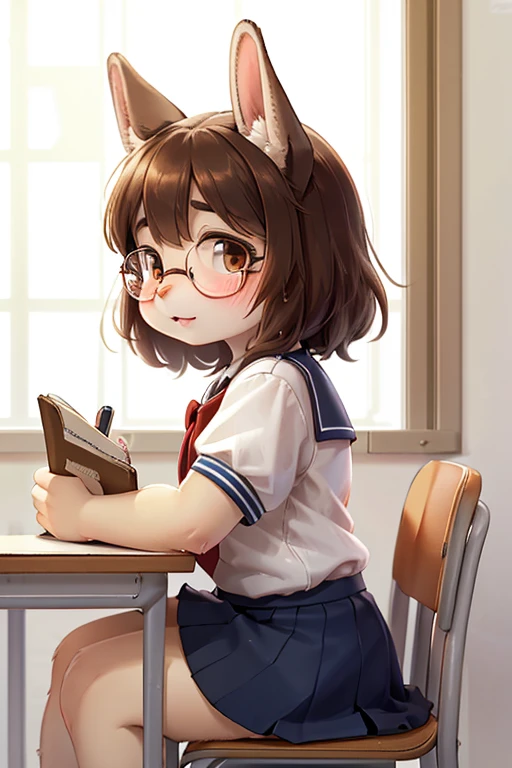left side view , focus face , hairy bunny Short stature girl , (realistic hairy bunny fur:1.2) , round Mumps face , (tilt face:1.2) , geek , round eyes , Swollen cheeks , shy , glossy lips , in the school , Class is in progress , school sailor , skirt , sit on chair , Looking Ahead , Bored attitude , Kneel on the desk , Write in a notebook