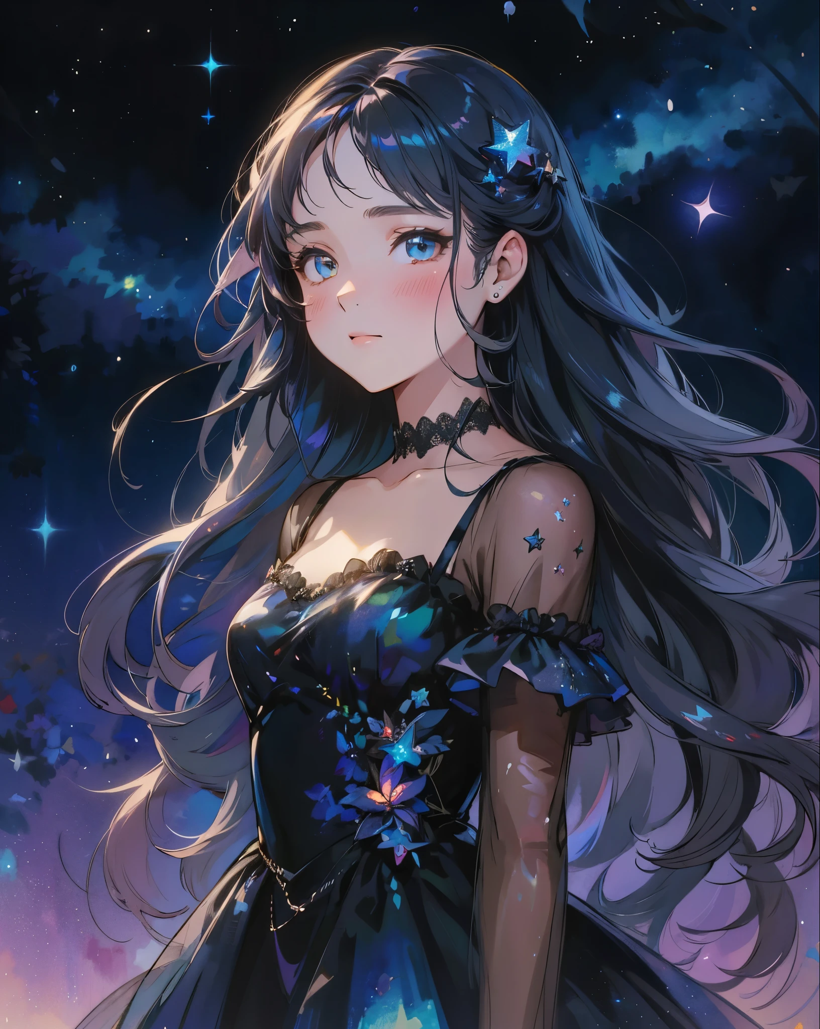 pretty night anime girl wearing a black organza dress with iridescent shines, sparkling eyes, starry night, masterpiece, 4k, perfect face, dark ethereal background, watercolor illustration, extremely detailed, fluffy long hair, jen bartel, aesthetic, dark colours, vector illustration, bioluminescent shiny glow, ghost girl, translucent, wind, windy