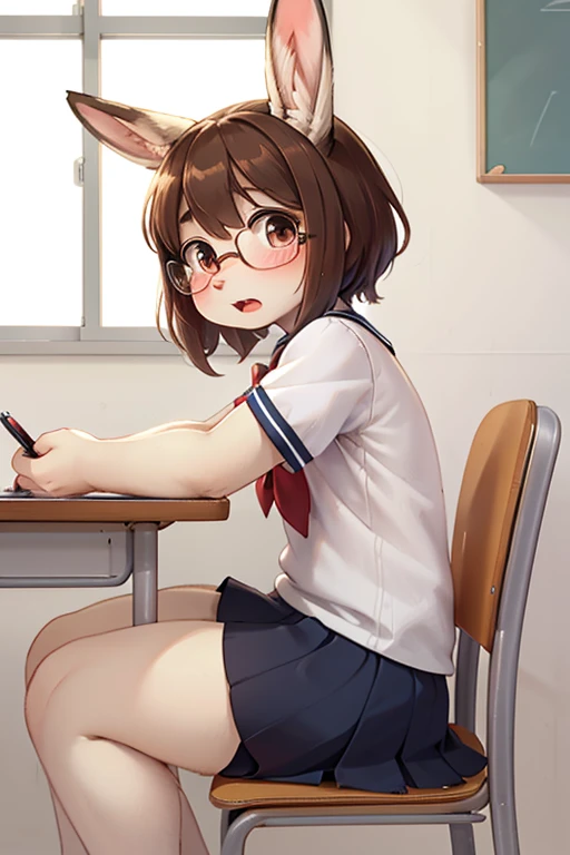 left side view , focus face , hairy bunny Short stature girl , (realistic hairy bunny fur:1.2) , round Mumps face , (tilt face:1.2) , geek , round eyes , Swollen cheeks , shy , glossy lips , in the school , Class is in progress , school sailor , skirt , sit on chair , Looking Ahead , Bored attitude , Kneel on the desk , Write in a notebook , Surprised