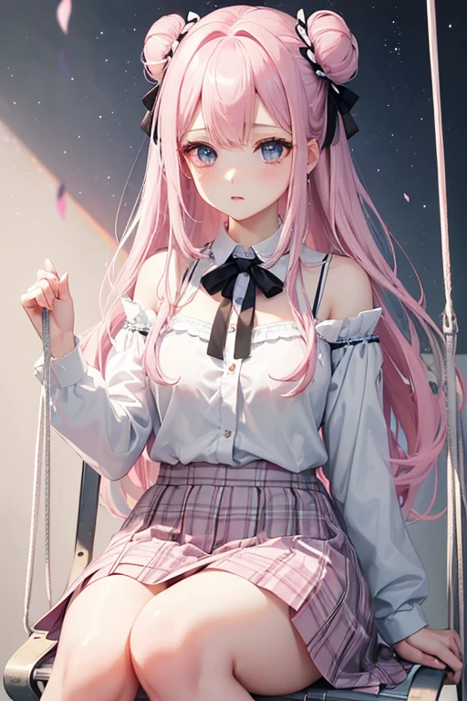 Adult Female, Pretty, Pale, Long Pink hair, black ribbons and hair buns, grey blue eyes, White blouse lace with sakura details, pastel pink plaid skirt, slight blush, moon accessory, constellation background, quiet confident expression, hand close to her mouth, white hamster on shoulder, she's on a dreamy swing