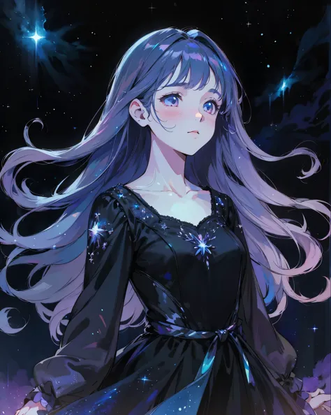 pretty night anime girl wearing a black organza dress with iridescent shines, sparkling eyes, starry night, masterpiece, 4k, per...