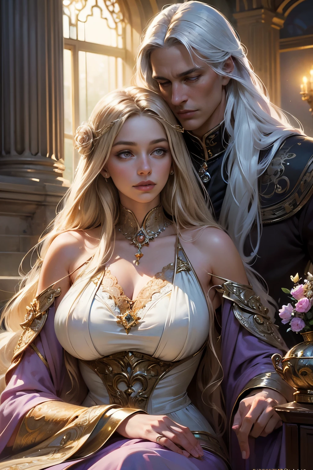 (masterpiece, ultra quality, high resolution, 8k, intricate: 1.2) photorealistic Epic romantic fantasy book cover, in center HALF-BODY COUPLE. spring romantic fantasy in center beautiful long half-body LONG WHITEhair man, ultradetailed beautiful faces, and beautiful lady in bright color french gown, proportional, tender, shimmering, ultradetailed beautiful faces, day BoKEH, fairytale magic, mysterious, light spring colorscheme, (Best quality,8K,A high resolution,Masterpiece:1.2),Ultra-detailed,(Realistic,Photorealistic,photo-realistic:1.37),Portrait,Creative style artwork,Historical,classical,Sophisticated,plethora of colors,Highly detailed,Soft lighting,luxurious environment,detailed gown,Vibrant flowers,detailed jewellery,Ethereal atmosphere,Elegant Pose,Graceful curves,Gold body proportions，Flowing hair,Breathtaking textile patterns,Harsh purple eyes,Delicate floral decoration,A dazzling array of crystal accessories,Mysterious and dreamy atmosphere,Impeccable attention to detail.