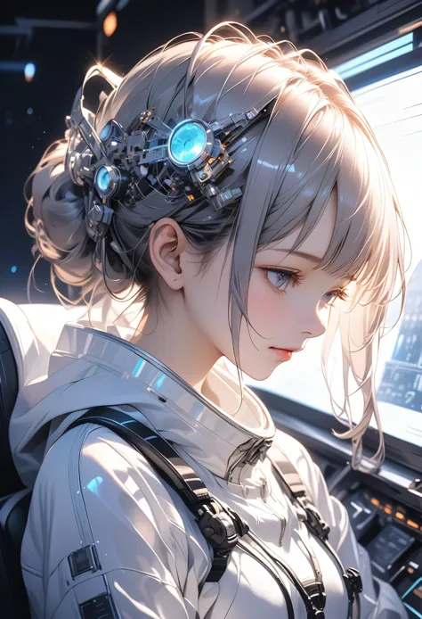 operators girl, futuristic space ship, sit close , operating on terminal, futuristic instrumentation, focus on upper body , intricate, lens flare, (light blue theme,white theme, soft light, ambient light,glowing, backlighting :1.3),cowboy shot, half-closed...
