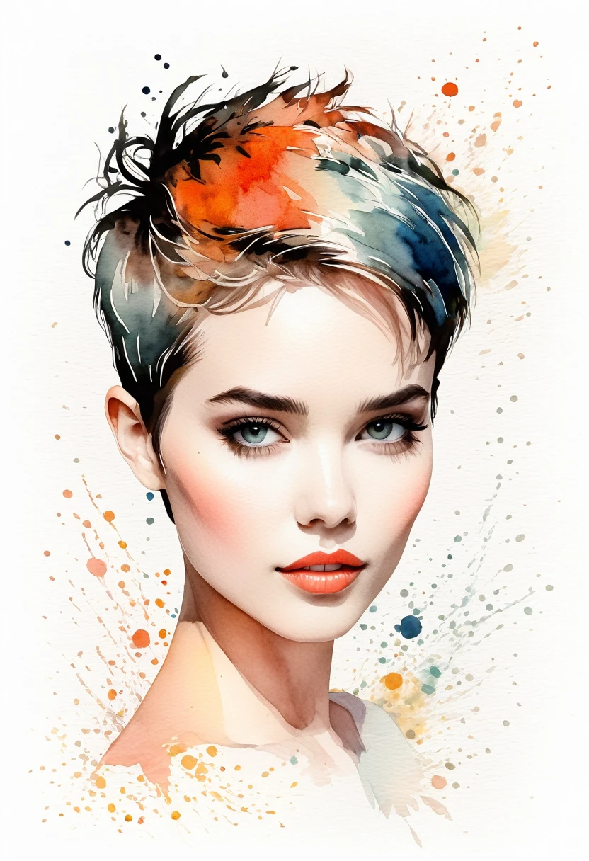 cheveux courts fille lutin art moderne, minimalisme, élégance contemporaine, noyau de rêve, Mode fantaisie , fusion de l&#39;aquarelle et de l&#39;illustration numérique, couleurs épurées, minimaliste et dynamique
