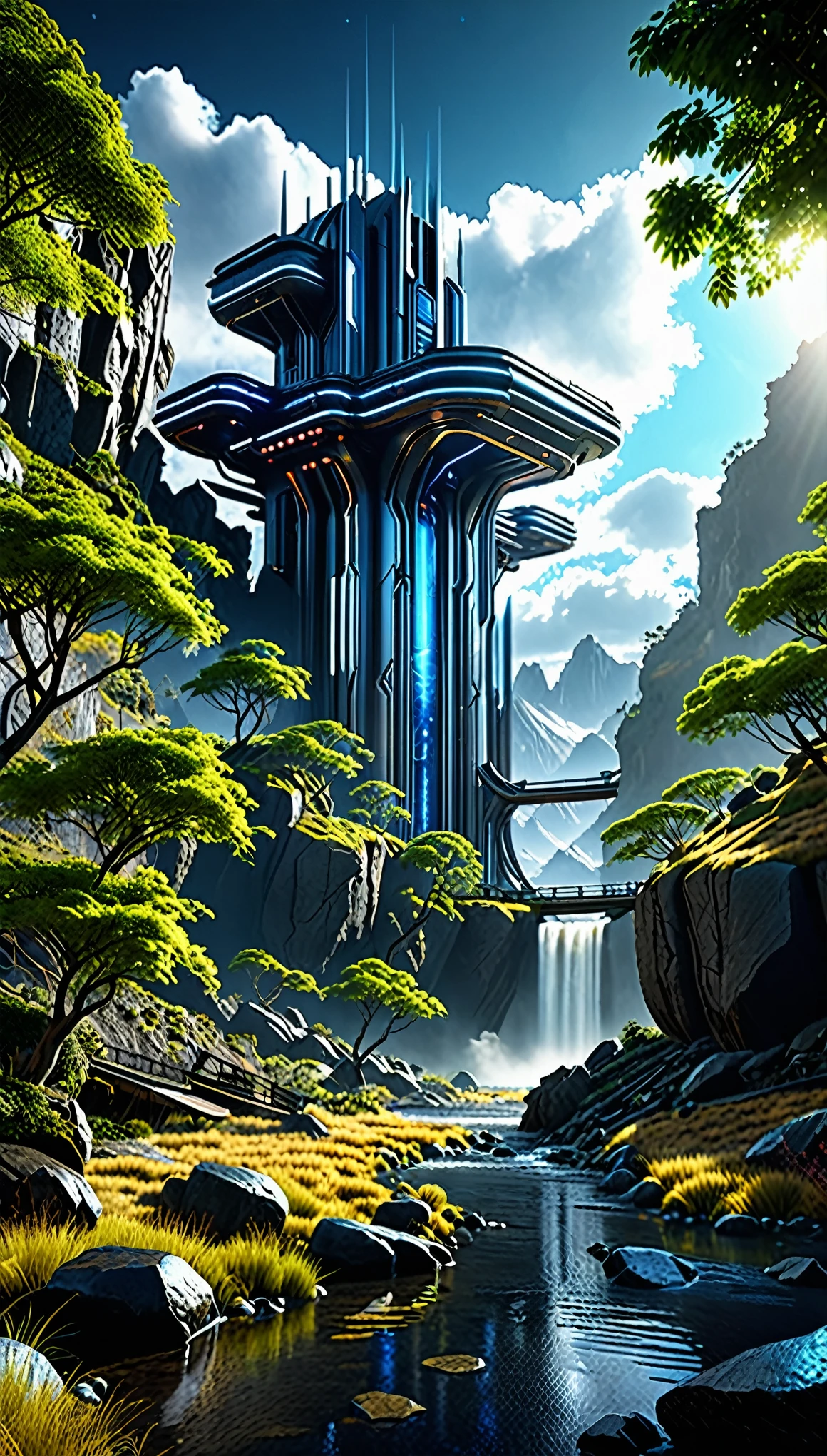 A stunning concept art piece depicting a traditional landscape in 8K resolution、It boasts super cool and ultra realistic sci-fi elements.。The images are filled with dramatic and atmospheric lighting.、Light rays trace ultra-detailed 3D environments。This scene、Dark shadows to highlight the ultra-detailed features that are trending in 4K Ultra HD ArtStation、Creates cinematic lighting effects。The central focus is、The design emphasizes the futuristic machinery placed in a rustic landscape.、Adds attractive contrast to the image。Unrealistic Engine 5 rendering、Enhance your visual experience、This really makes this a masterpiece.。