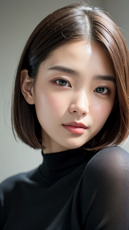 (((Close-up of face)))、(((Absolutely shoulder-length brown straight short bob)))、(((She is posing like a hair salon model, with a black wall indoors as the background.)))、(((Casual black winter long sleeves with shoulders covered)))、Half Japanese, half Korean、18 year old girl、Standing Alone、Looking forward、Light eye makeup、Brown Hair Color、Flat and 、Hair blowing in the wind、Actress Quality、Glossy, ultra-realistic face、Smiling face、Watery eyes、Gazing Up、Subtle lighting effects、 Ultra-Realistic Capture、Very detailed、High resolution 16K close up of human skin。Skin texture must be natural、The details must be such that pores can be clearly seen、The skin is healthy、Uniform tone、Use natural light and colors、A worn-out, high-quality photo taken by a model agency&#39;s in-house photographer.、smile、(((SIGMA 300 mm F/1.4,1/1000 sec shutter,ISO 400))) 