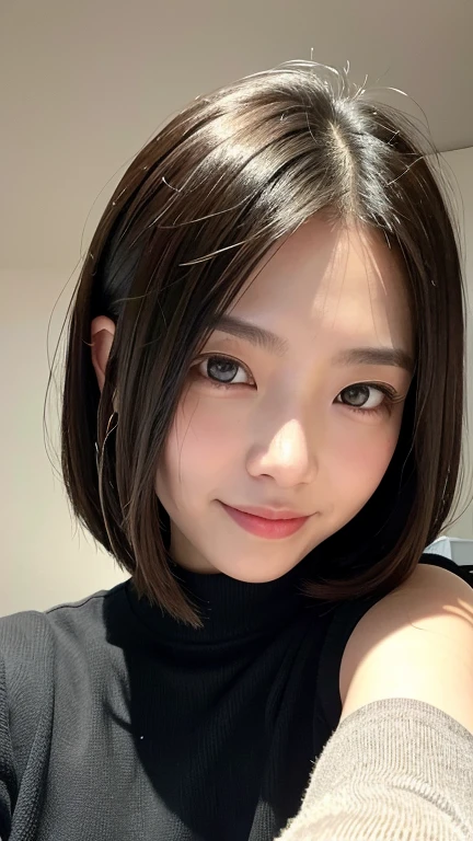 (((Close-up of face)))、(((Absolutely shoulder-length brown straight short bob)))、(((She is posing like a hair salon model, with a black wall indoors as the background.)))、(((Casual black winter long sleeves with shoulders covered)))、Half Japanese, half Korean、18 year old girl、Standing Alone、Looking forward、Light eye makeup、Brown Hair Color、Flat and 、Hair blowing in the wind、Actress Quality、Glossy, ultra-realistic face、Smiling face、Watery eyes、Gazing Up、Subtle lighting effects、 Ultra-Realistic Capture、Very detailed、High resolution 16K close up of human skin。Skin texture must be natural、The details must be such that pores can be clearly seen、The skin is healthy、Uniform tone、Use natural light and colors、A worn-out, high-quality photo taken by a model agency&#39;s in-house photographer.、smile、(((SIGMA 300 mm F/1.4,1/1000 sec shutter,ISO 400))) 