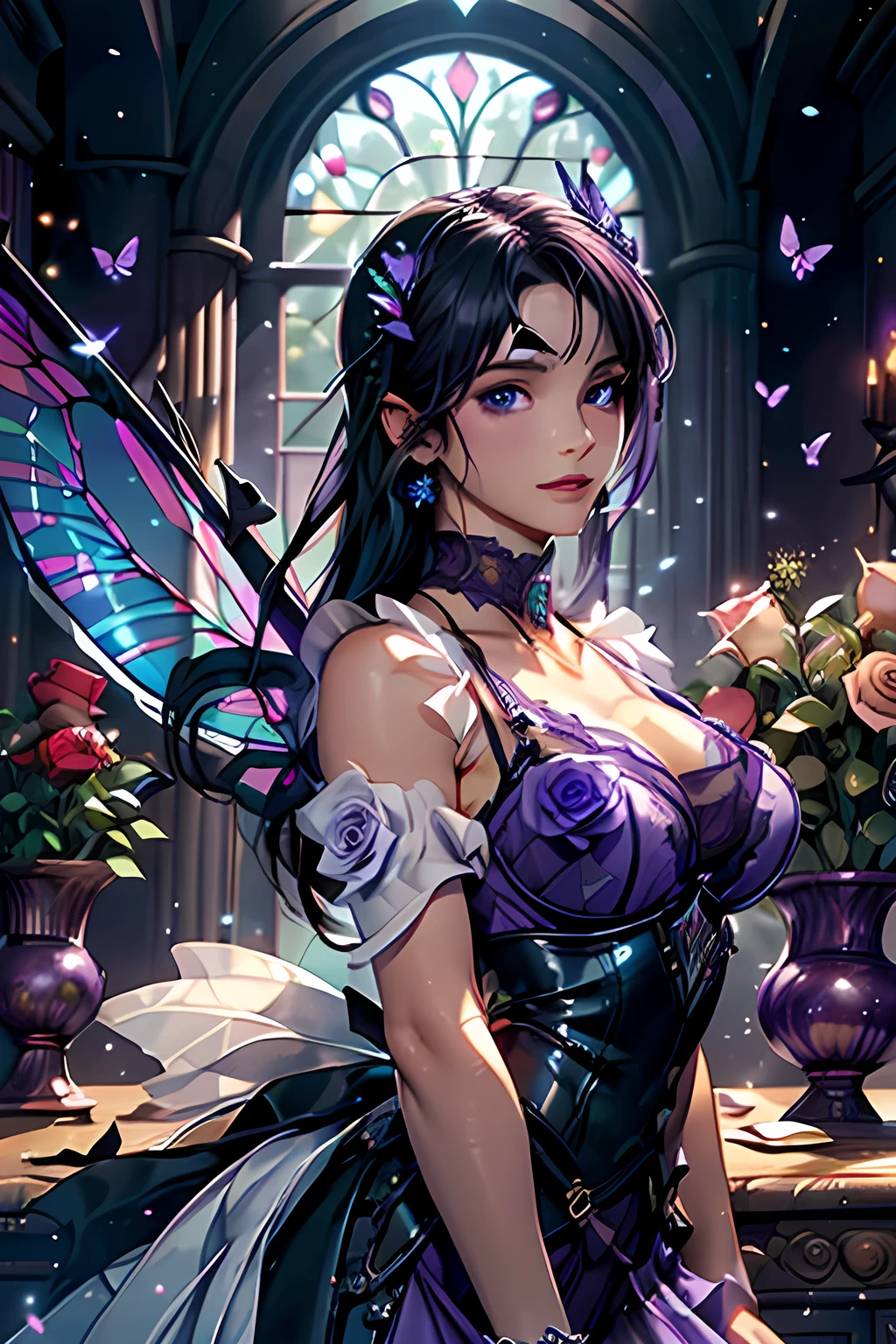 high details, best quality, 16k, RAW, [best detailed], masterpiece, best quality, (extremely detailed), GlowingRunes_paleblue, full body, ultra wide shot, photorealistic, fantasy art, RPG art, D&D art, a picture of a fairy selling flowers in a florist shop, extremely beautiful fairy, ultra feminine (intense details, Masterpiece, best quality), (purple: 1.3) butterfly wings (intense details, Masterpiece, best quality), purple and white wings (intense details, Masterpiece, best quality),  black hair, pixie cut hair, shinning hair, flowing hair, shy smile, innocent smile, blue eyes, wearing black skirt, dynamic elegant shirt, chocker, wearing high heels, in flower shop (intense details, Masterpiece, best quality), extreme many (roses: 1.3) (intense details, Masterpiece, best quality), roses shop in a modern era street, High Detail, Ultra High Quality, High Resolution, 16K Resolution, Ultra HD Pictures, Ultra Realistic, Clear Details, Realistic Detail, Ultra High Definition, Big Fairy Wings, wearing edgLL leather lingerie