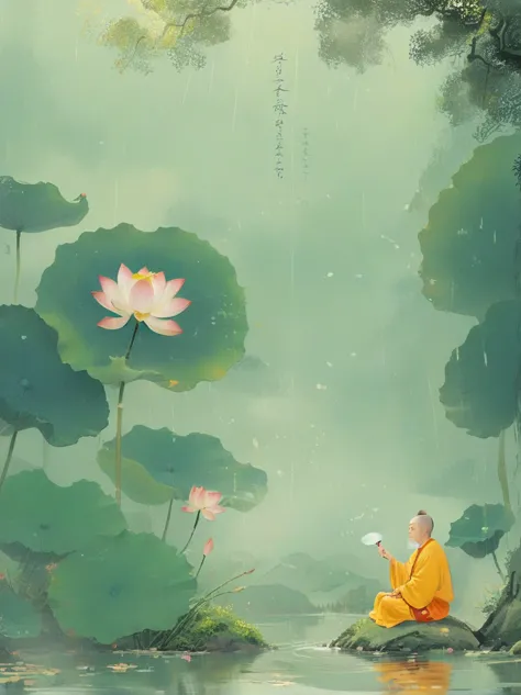 Sensible, Elderly Taoist monk sitting in lotus position, Suspended on a mossy stone，Surrounded by a floating lotus, In an old fo...