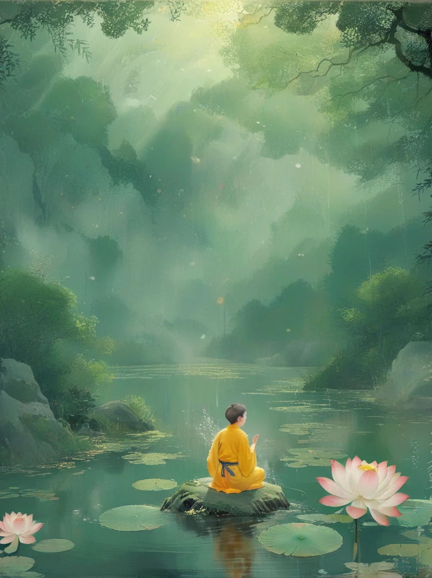 Sensible, Elderly Taoist monk sitting in lotus position, Suspended on a mossy stone，Surrounded by a floating lotus, In an old forest with dense leaves, The cyan robe has golden cloud patterns on it., Ancient calligraphic symbols swirl around him, A circle of golden light descended from the sky, Sacred and peaceful atmosphere, Forest creatures and peaceful observation, The scent of sandalwood, The sound of a mountain stream, Mysterious scene.(best quality,4K,8k,high resolution,masterpiece:1.2),Super detailed,Intricate details,The award-winning,Movie Lighting,dramatic shadows,Rich in details,Volumetric Lighting,FaceRich in details,Elegant composition,atmosphere,paisagem de fantasia,Studio Ghibli style