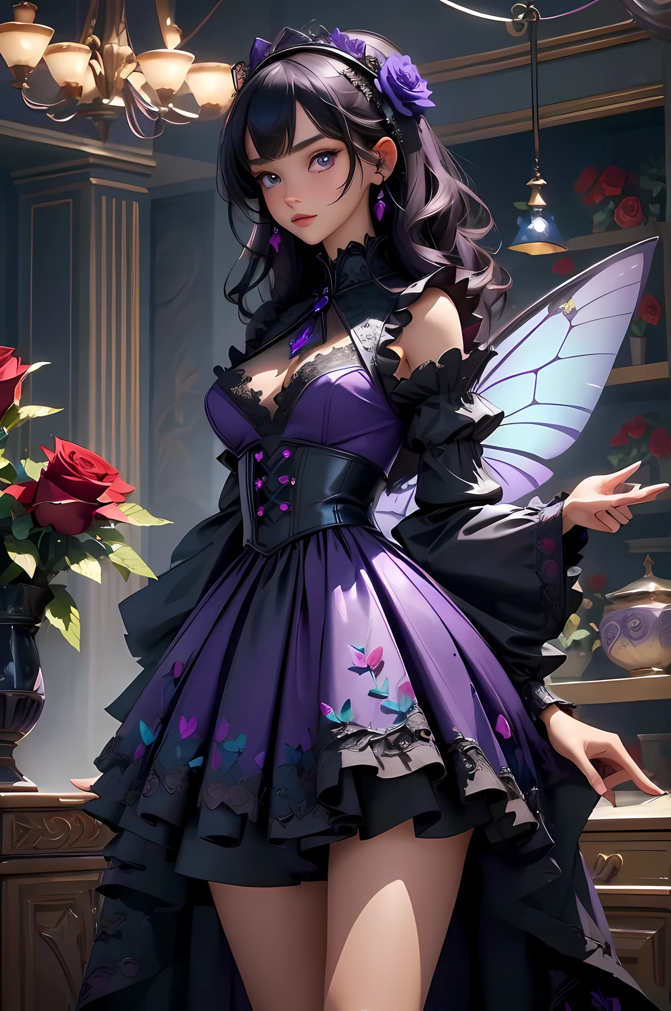 high details, best quality, 16k, RAW, [best detailed], masterpiece, best quality, (extremely detailed), GlowingRunes_paleblue, full body, ultra wide shot, photorealistic, fantasy art, RPG art, D&D art, a picture of a fairy selling flowers in a florist shop, extremely beautiful fairy, ultra feminine (intense details, Masterpiece, best quality), (purple: 1.3) butterfly wings (intense details, Masterpiece, best quality), purple and white wings (intense details, Masterpiece, best quality),  black hair, pixie cut hair, shinning hair, flowing hair, shy smile, innocent smile, blue eyes, wearing black skirt, dynamic elegant shirt, chocker, wearing high heels, in flower shop (intense details, Masterpiece, best quality), extreme many (red roses: 1.3) (intense details, Masterpiece, best quality), (red: 1.3) roses shop in a modern era street, High Detail, Ultra High Quality, High Resolution, 16K Resolution, Ultra HD Pictures, Ultra Realistic, Clear Details, Realistic Detail, Ultra High Definition, Big Fairy Wings, wearing edgLL leather lingerie