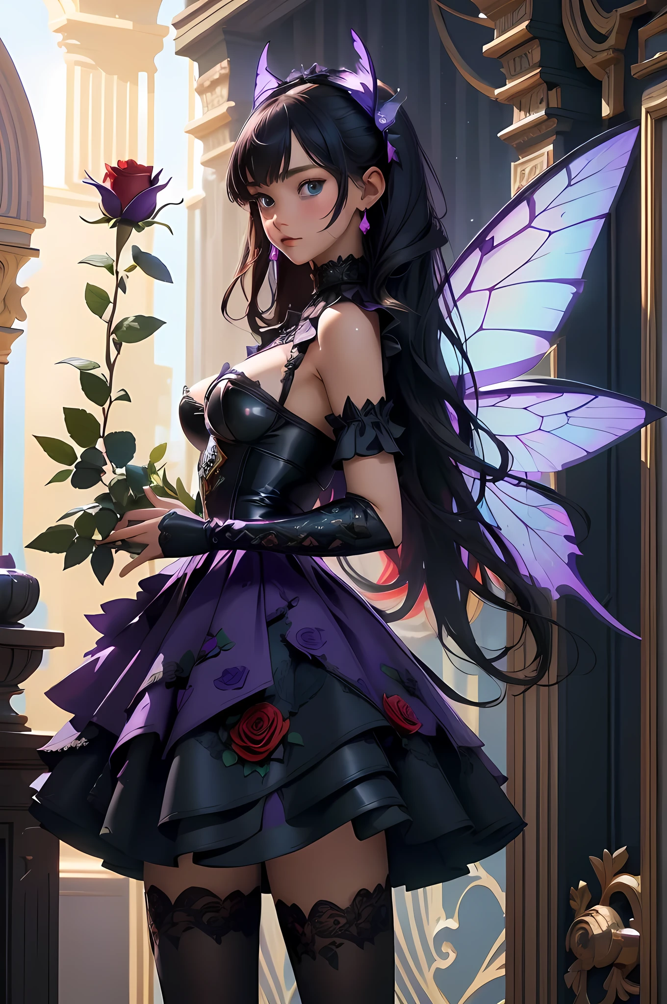 high details, best quality, 16k, RAW, [best detailed], masterpiece, best quality, (extremely detailed), GlowingRunes_paleblue, full body, ultra wide shot, photorealistic, fantasy art, RPG art, D&D art, a picture of a fairy selling flowers in a florist shop, extremely beautiful fairy, ultra feminine (intense details, Masterpiece, best quality), (purple: 1.3) butterfly wings (intense details, Masterpiece, best quality), purple and white wings (intense details, Masterpiece, best quality),  black hair, pixie cut hair, shinning hair, flowing hair, shy smile, innocent smile, blue eyes, wearing black skirt, dynamic elegant shirt, chocker, wearing high heels, in flower shop (intense details, Masterpiece, best quality), extreme many (red roses: 1.3) (intense details, Masterpiece, best quality), (red: 1.3) roses shop in a modern era street, High Detail, Ultra High Quality, High Resolution, 16K Resolution, Ultra HD Pictures, Ultra Realistic, Clear Details, Realistic Detail, Ultra High Definition, Big Fairy Wings, wearing edgLL leather lingerie