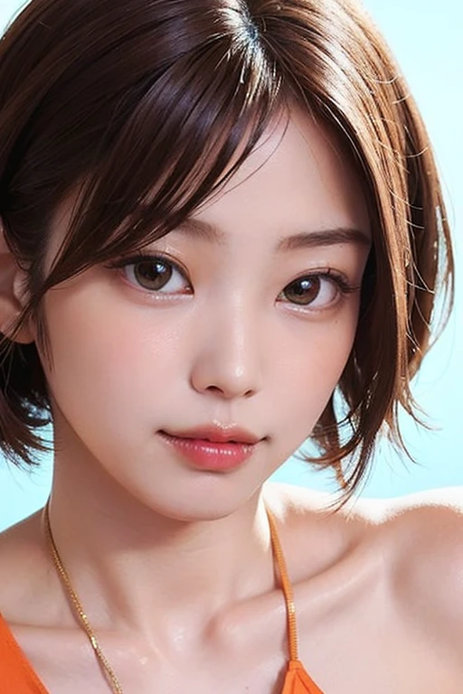 (software:1.8、masterpiece, highest quality),1 girl, alone, hyper Realistic, Realistic,Realistic, Looking at the audience, Light brown eyes:1.4,Brunette Short Bob Hair with highly detailed shiny hair, bright red clothes:1.4, Lepangas:1.4), Mouth closed, Upper Body、big chest eye、eyelash、{Huge|big chest|Huge|Mega} whole :2, Chest cleavage:2、(((Add highlights to the eyes:1.4、big chest eye、Short Bob Hair、Glowing Skin:1.4、Looking at the audience、She is very beautiful and cute、Show me your ears、Beautiful long neck、Bangs and beautiful teeth)))、Ideal body type、((beautiful, A blank blue background:2、simple, Blank Orange Background:2、Very simple orange background:2))、Beautiful long neck:1.4、(({Huge|big|Huge|Mega} chest, Chest cleavage:2、Upper Bodyは服を着ていない:1.6))、(((Portraiture:2、Face close-up:2、Face close-up:2)))、Perfect Anatomy