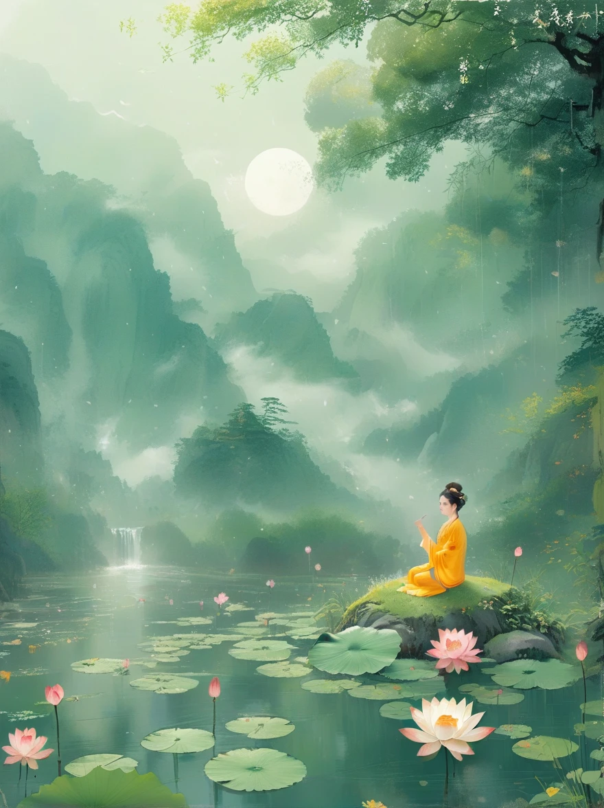 Sensible, Girl in lotus pose, Suspended on a mossy stone，Surrounded by a floating lotus, In an old forest with dense leaves, The cyan robe has golden cloud patterns on it., Ancient calligraphic symbols swirl around him, A circle of golden light descended from the sky, Sacred and peaceful atmosphere, Forest creatures and peaceful observation, The scent of sandalwood, The sound of a mountain stream, Mysterious scene.(best quality, 8K,high resolution,masterpiece:1.2),Super detailed,Intricate details,The award-winning,Movie Lighting,dramatic shadows,Rich in details,Volumetric Lighting,FaceRich in details,Elegant composition,atmosphere,paisagem de fantasia,Studio Ghibli style