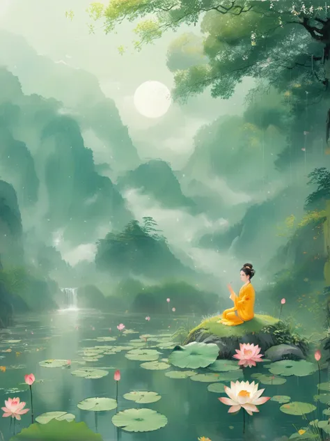 Sensible, Girl in lotus pose, Suspended on a mossy stone，Surrounded by a floating lotus, In an old forest with dense leaves, The...