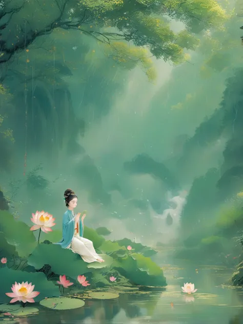 sensible, girl in lotus pose, suspended on a mossy stone，surrounded by a floating lotus, in an old forest with dense leaves, the...