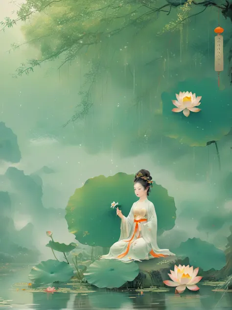 Sensible, Girl in lotus pose, Suspended on a mossy stone，Surrounded by a floating lotus, In an old forest with dense leaves, The...