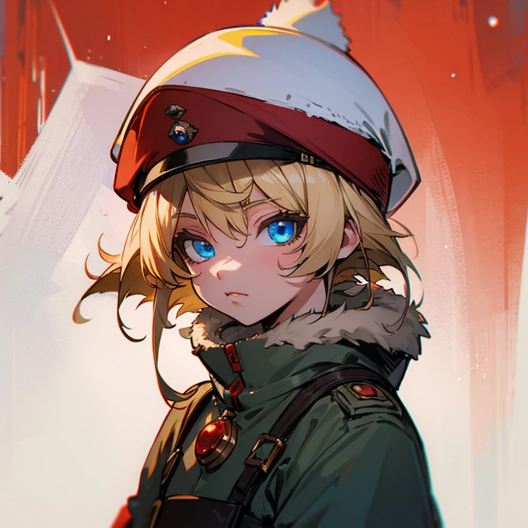 Blue eyes , blonde hair , military outfit with a small red symbol , snowy tundra background , 1male , furry winter hat