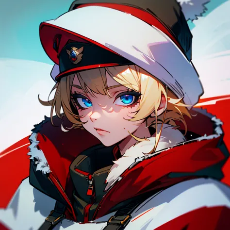 Blue eyes , blonde hair , military outfit with a small red symbol , snowy tundra background , 1male , furry winter hat