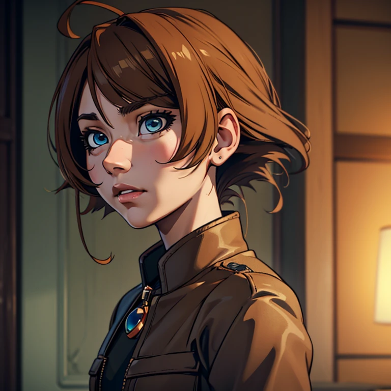 Une femme Allard portant une chemise brune et une veste brune, aux cheveux courts, Portrait doux 8K, Rendu de portraits 8K, Style 3D animé réaliste, jeune fille anime réaliste, Gwiz-style artwork, vraie fille d&#39;anime, profil de fille animée, Coiffure coupe Shirahime, portrait de côté d&#39;une jolie fille, Gwiz