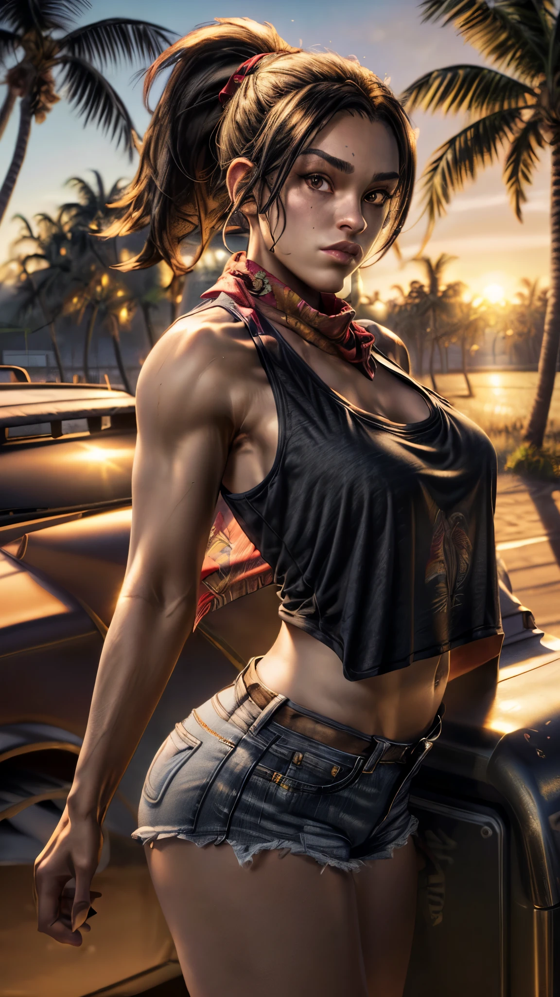 8k uhd, dslr, high quality,  (ultra realistic,32k, masterpiece:1.1),(detailed skin), (golden hour:1.1) octane render,gtluc ,a woman, (black tank shirt:1.3), ponytail, red bandana, denim shorts, (looking at viewer),miami,trees,palms,beach, Large breasts, thick thighs 