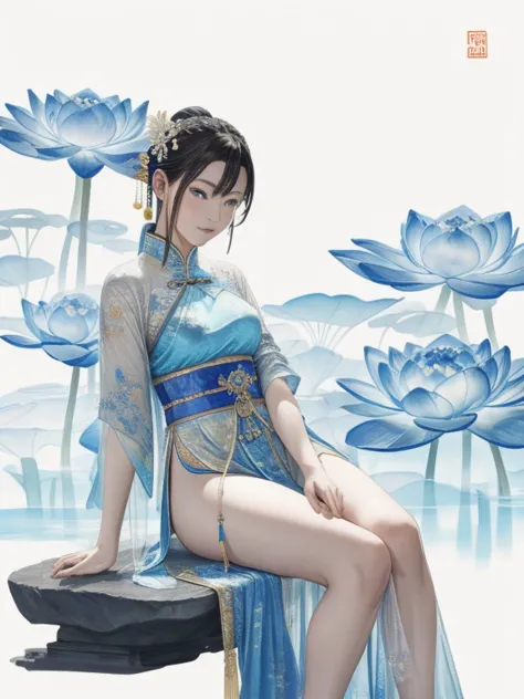 ancient chinese beauty sitting on a stone, wearing ancient chinese costumes, flowing blue tulle, light silk, lazy pose, big lotu...