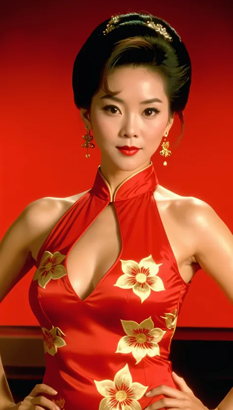 A screen grab from an old VHS tape shows a woman in a red cheongsam facing the camera and posing with her hands on her hips. The...