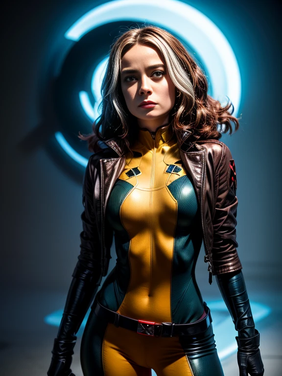 Brie Larson、masterpiece, High-quality 4K, Villain (X-Men), Gothic Girl, Sculpted body gothic makeup, Black jacket, Red and blue bodysuit, masterpiece, highest quality, Cowboy Shot, One girl, alone, Technology Military Bodysuit, fringe.