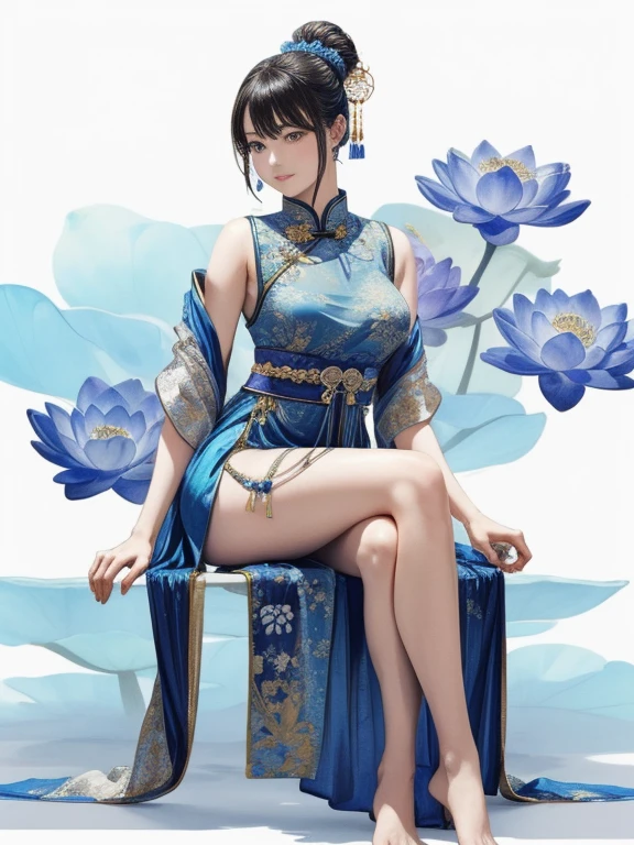 Ancient Chinese beauty sitting on a stone, Wearing ancient Chinese costumes, Flowing blue tulle, light silk, Lazy pose, Big lotus leaf, Lotus flower, Ink painting style, Beautiful colors, The decisive cut, blank, free-hand, masterpiece, Very detailed, A magnificent composition, high quality, 最high quality, 4k, ((With an accurate anatomical body shape))