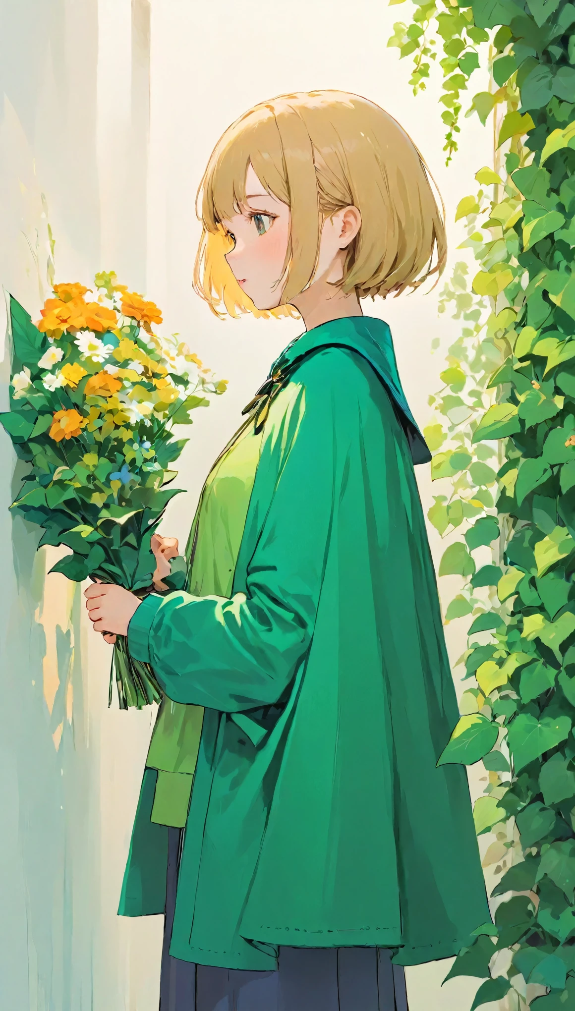 A woman standing in front of a white wall with a bouquet of flowers, Short hair, LOFI Girl, Ivy, wearing blue-Green clothes, With flowers, Low quality photos, With cape, Green clothes, photo shoot, Smooth input _ With background, LOFI Girlのaesthetics, 🤤 Portrait of a Girl, beautiful!!, Wearing long, loose clothing, Casual pose,  aesthetics