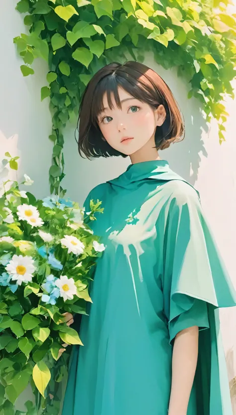 A woman standing in front of a white wall with a bouquet of flowers, Short hair, LOFI Girl, Ivy, wearing blue-Green clothes, Wit...