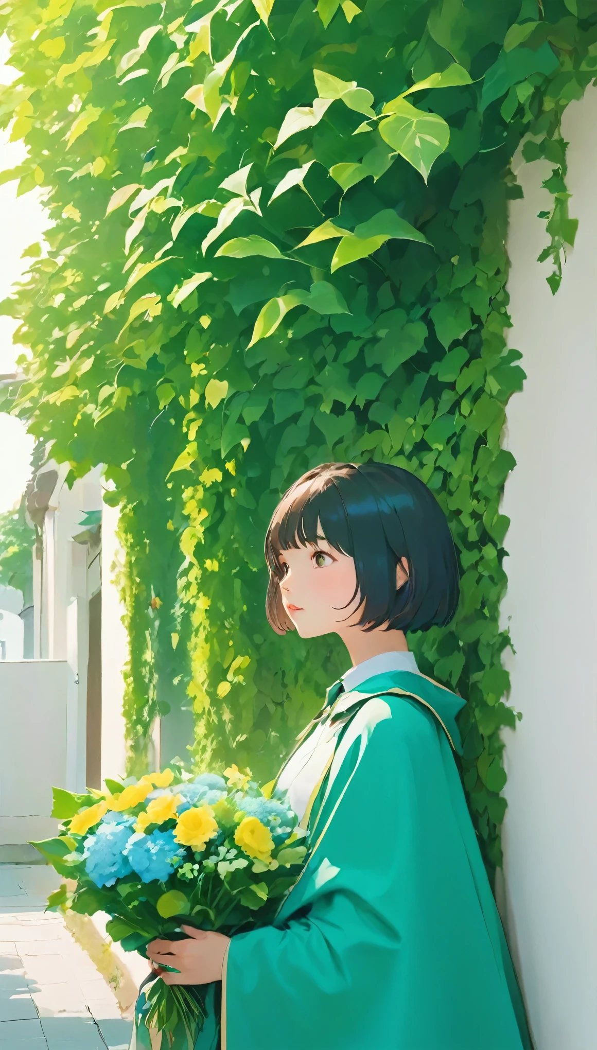 A woman standing in front of a white wall with a bouquet of flowers, Short hair, LOFI Girl, Ivy, wearing blue-Green clothes, With flowers, Low quality photos, With cape, Green clothes, photo shoot, Smooth input _ With background, LOFI Girlのaesthetics, 🤤 Portrait of a Girl, beautiful!!, Wearing long, loose clothing, Casual pose,  aesthetics