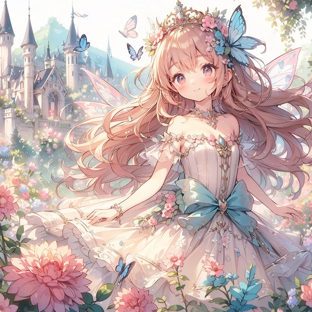 (Exquisite, beautiful, Very detailed, masterpiece, High resolution,high quality,High resolution),(Well-formed face,Soft and thin lines: 1.2, beautiful, Delicate and vivid illustrations with a mature and clear feel),夜のInside the castle,A smiling fairy princess with butterfly wings walks up the stairs of a gorgeous baroque castle,whole body,Inside the castle,Princess's Castle,flower,flower petals,(Transparent fairy wings grow from your back), (Dazzling Smile), (tiara, Earrings, choker), Ball Gown Dress,Ribbons, lace and frills, (Pale pink blush, Plump pink lips,Large Bust,Fair skin, Good style),Bright colors,Eye-catching colors,Dynamic Angles