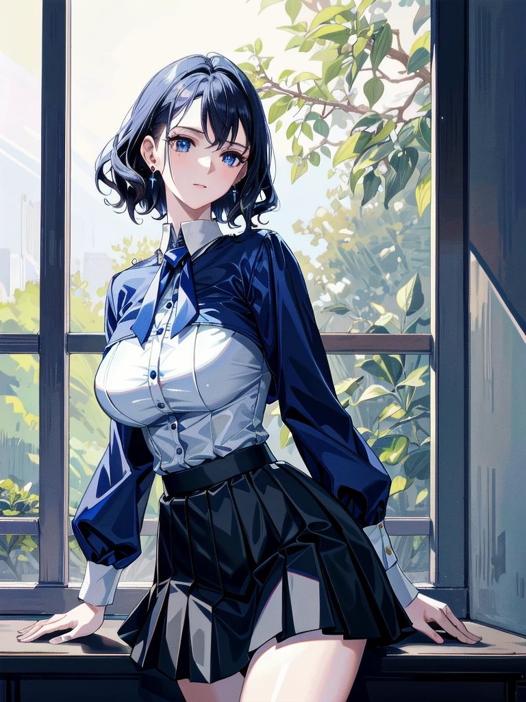 absurdres, RAW photo, extremely delicate and beautiful, masterpiece, Best Quality, ultra high resolution, 32k, hyperrealistic, ultra-detailed, detailed description, pale skin, 20 years old, tearful mole, earring, Colossal tits, short medium hair, wavy hair, blue uniform, blue pleated skirt, military uniform,