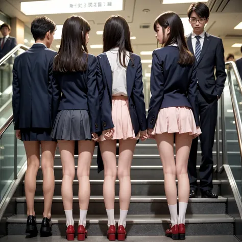 ((highest quality)), ((masterpiece)), (Familiar),  A high school girl riding an escalator on her way to school、Glare、Navy Blazer...