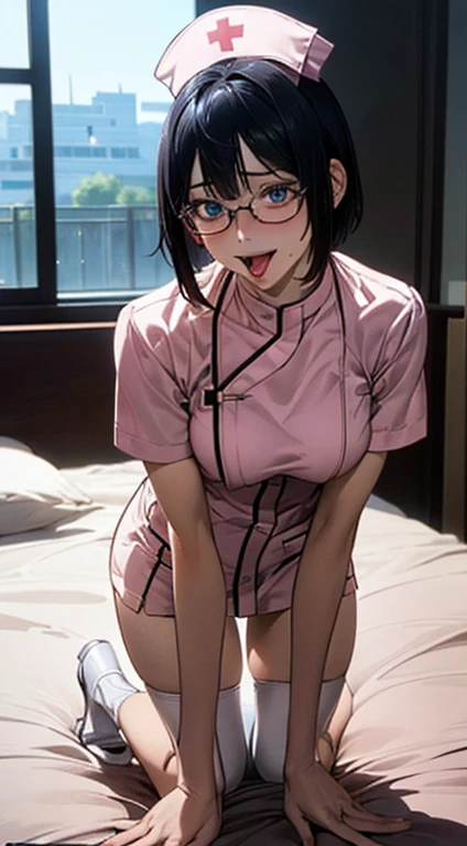 (masterpiece:1.2, top-quality), (realistic, photorealistic:1.4), beautiful illustration, NSFW, pov, front view:0.8, 1 lady, japanese, nurse,28years old,black hair, (very short hair:1.4,straight hair), hair between eye, blue eyes, big breasts:1.5, black-rimmed glasses, (thick thighs), beautiful hair, beautiful face, beautiful detailed eyes, beautiful clavicle, beautiful body, beautiful chest, beautiful thigh, beautiful legs, beautiful fingers, (beautiful scenery), ambient light,patient room in the hospital, ((white nurse wear,classico,tight miniskirt,nurse cap),all fours on patient bed,holding a binder, (swollen), ((seductive posture: 1.2, sexial attractive: 1.2)), (idle), (erotic,sexy, upper eyes, open mouth wide,tongue split out), shiny skin, perfect face, cute and symmetrical face, natural side lighting, movie lighting),
