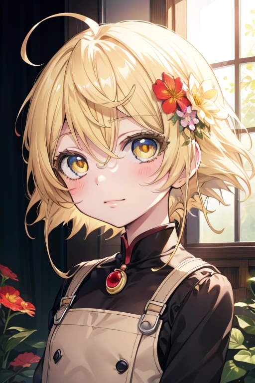 firefly、Good looking girl (blush, Perfect Face), independent , Looking at the camera, masterpiece, Anime art style, Cute Characters, Most detailed, high quality、Nico Nico Smile、There are highlights in the eyes、blonde、The whole body is visible、Lolita、Small breasts、Braided Short Hair、Flower decoration、Yellow Eyes