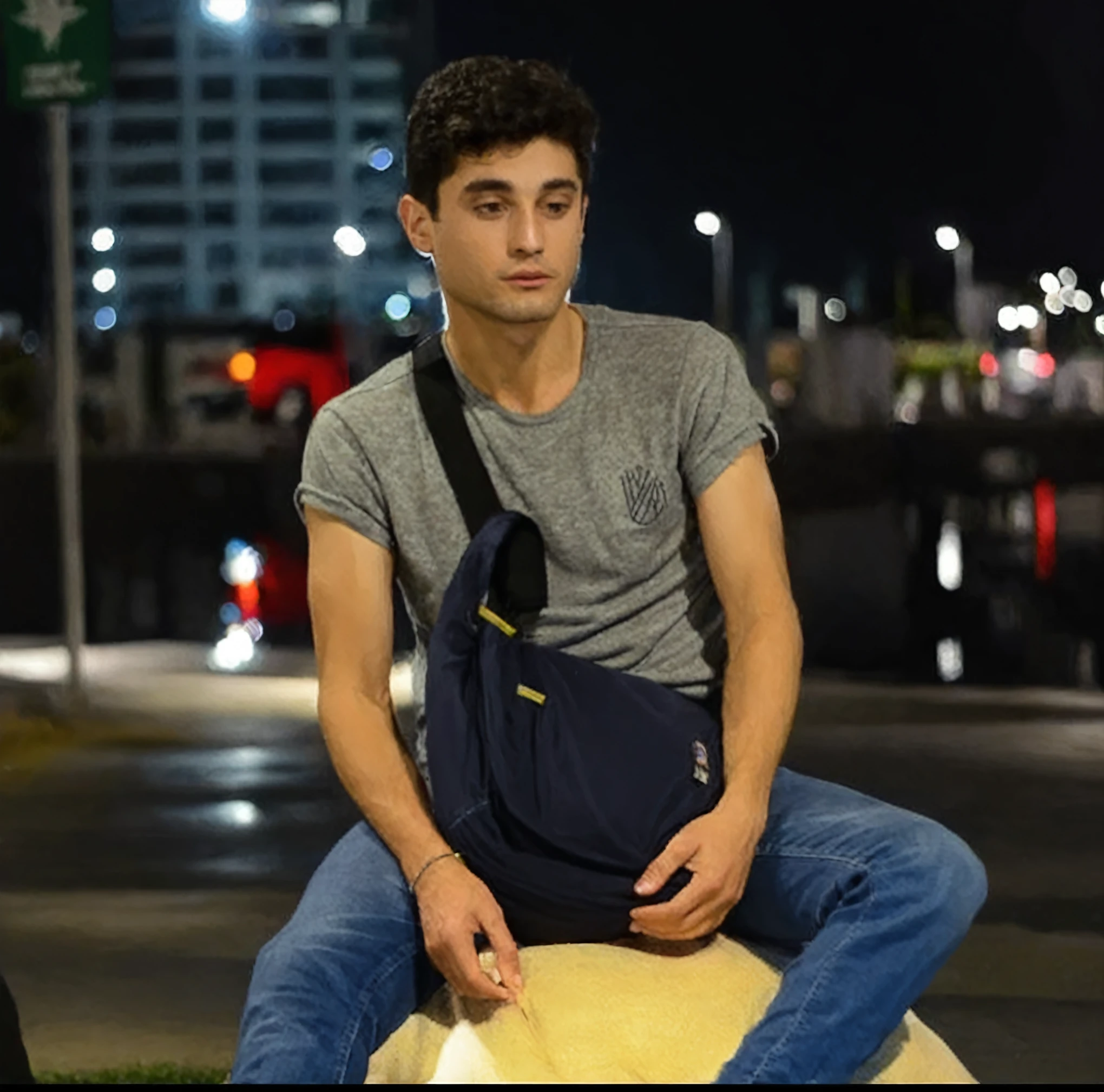 Arafed man sitting on a rock in a city at night - SeaArt AI