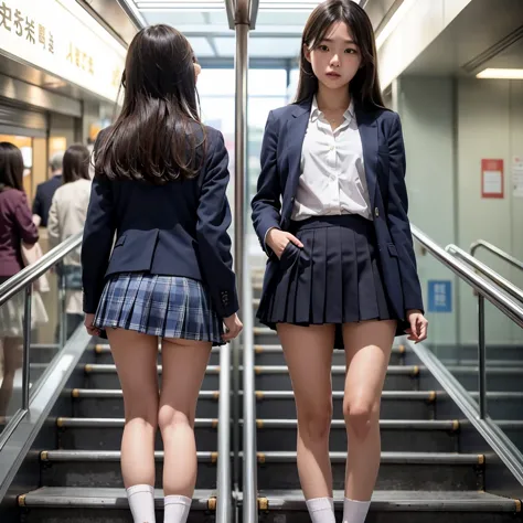 ((highest quality)), ((masterpiece)), (Familiar),  A high school girl riding an escalator on her way to school、Glare、Navy Blazer...