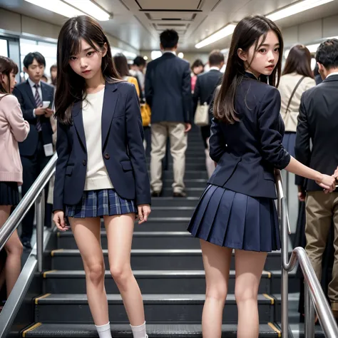 ((highest quality)), ((masterpiece)), (Familiar),  A high school girl riding an escalator on her way to school、Glare、Navy Blazer...