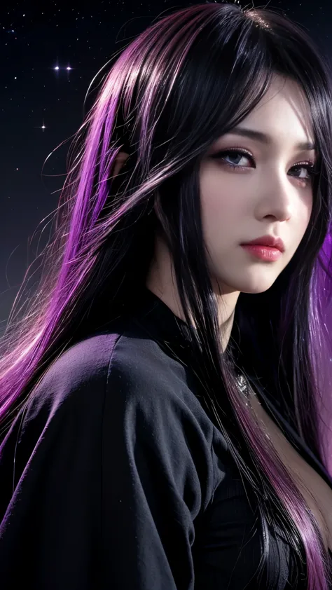 background（Black Night Sky，Big Moon），Woman close up，Wearing a white shirt、Purple Hair，Very long hair，very thick braids，Purple ey...