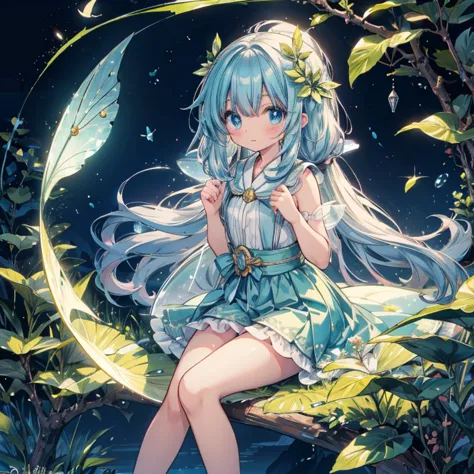 highest quality、anime、Fairy on a big leaf、moonlight