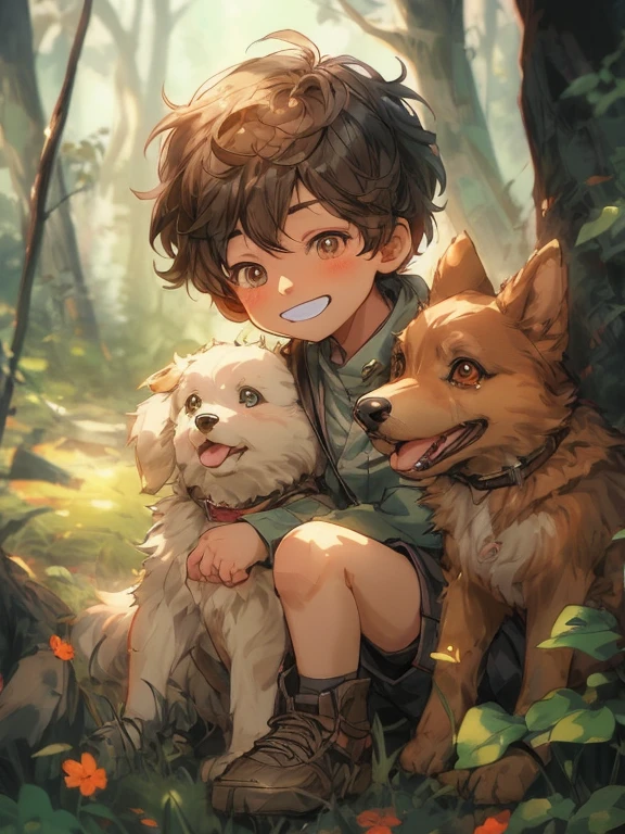 garçon animé avec deux chiens assis dans les bois, oeuvre d&#39;art dans le style de guweiz, les gars, digital illustration animée, jolie illustration détaillée, joli art numérique détaillé, art d&#39;anime détaillé et propre, illustration animée, art animé numérique détaillé, animé illustré, style artistique mignon, style artistique anime de haute qualité, guweiz, fanart détaillé, fanart officiel, dessin animé mignon