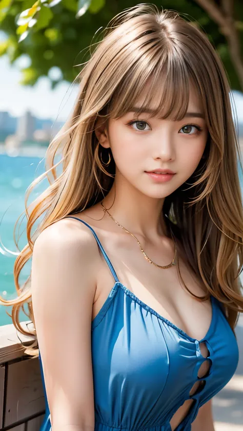Sexy Big 、Sexy cute looks and cute 15 year old beautiful girl, beautiful and sexy face、A strong wind blows my hair in front of my face、Blonde medium wavy hair、beautiful, Cute and sexy eyes hidden by long bangs Colorful dress
