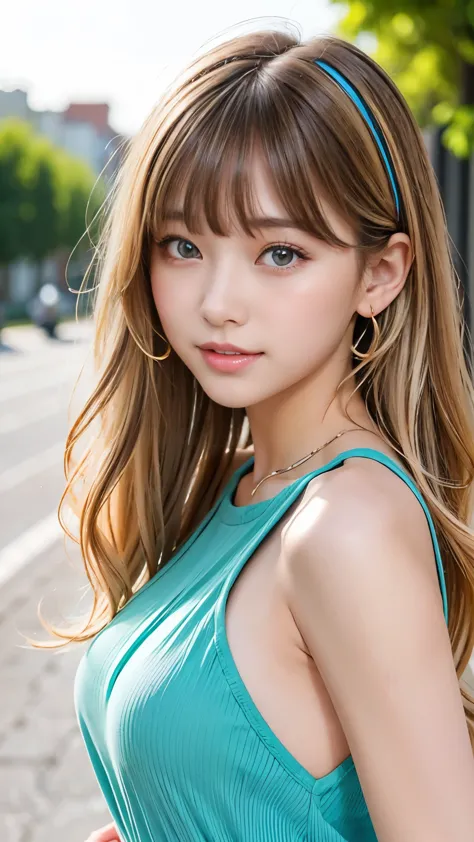 Sexy Big 、Sexy cute looks and cute 15 year old beautiful girl, beautiful and sexy face、A strong wind blows my hair in front of my face、Blonde medium wavy hair、beautiful, Cute and sexy eyes hidden by long bangs Colorful dress